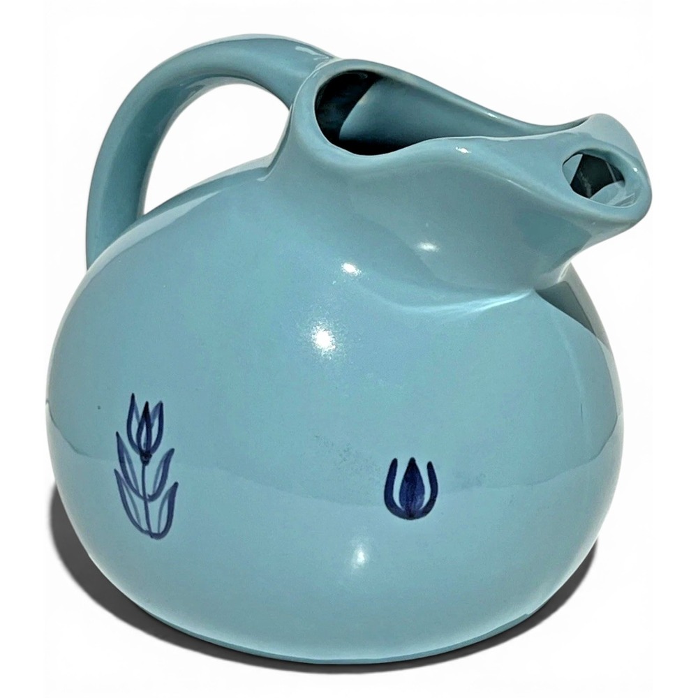 Vintage USA Turquoise Blue Pottery Pitcher Tulip Ball Jug Mid Century Modern MCM